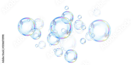 A cluster of realistic, colorful soap bubbles floats gently, showcasing light refractions and reflections. The smooth, transparent spheres create an airy, delicate aesthetic.