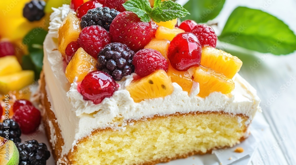 Delicious Slice of Cake Topped with Fresh Berries and Fruits