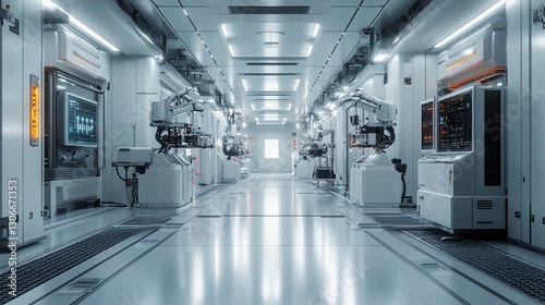 Futuristic factory corridor  robotic machinery  bright lighting  clean design  industrial automation
