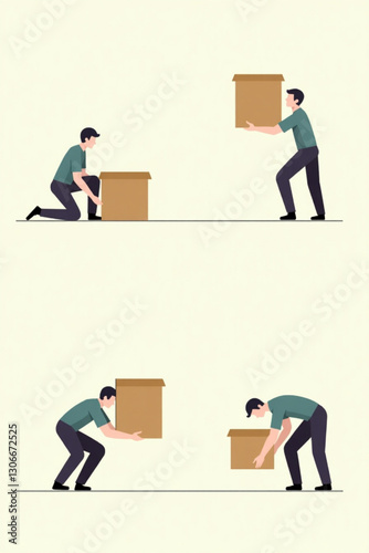 Safe Lifting Techniques Vector Illustration Proper Ergonomics Guidance for Movers and Warehouse Workers Moving Heavy Boxes in Workplace Educational Visual
