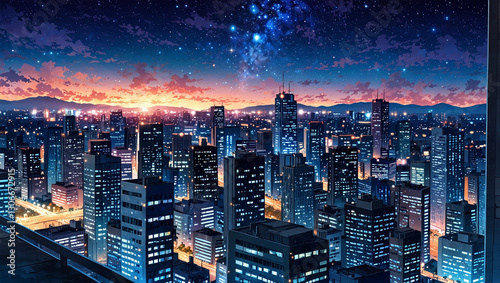 anime style background, urban with night sky