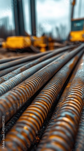 A close-up of steel rods and welding equipment at a construction zone