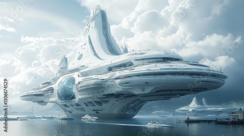 Fototapeta Naklejka Na Ścianę i Meble -  Futuristic spaceship docks, city skyline, cloudy sky, sci-fi concept art