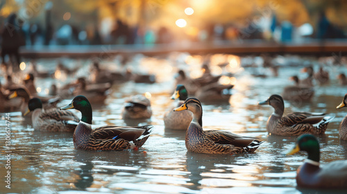 A serene scene of ducks swimming in a pond during sunset.