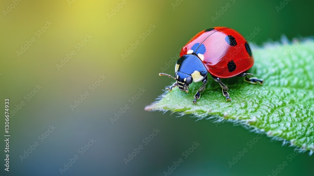Fototapeta premium A vibrant red ladybug rests peacefully on a green leaf
