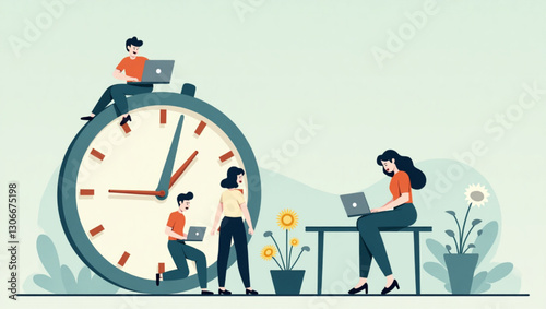 Stressed Business Professionals Working Overtime on Giant Clock Deadline Pressure Vector Illustration Symbolizing Corporate Time Management Issues and Extended Work Hours in Office Setting