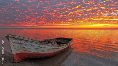 A serene sunset over calm waters with a weathered boat on the shore.