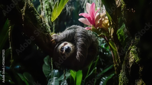 Sloth Hanging from Tree Branch Surrounded by Tropical Flora