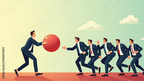 Determined Businessman Pushing Globe Uphill Leading Team in Business Race Vector Graphic Success Strategy Goal Achievement Global Leadership Illustration Metaphor Competition Challenge