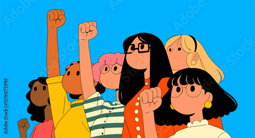 Diverse group of young people raising their hands up. Vector illustration.