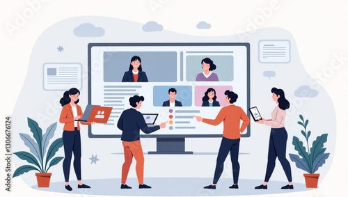 Engaged students participating in interactive webinar training sessions for online education a bright vector illustration showing teamwork collaboration and digital learning