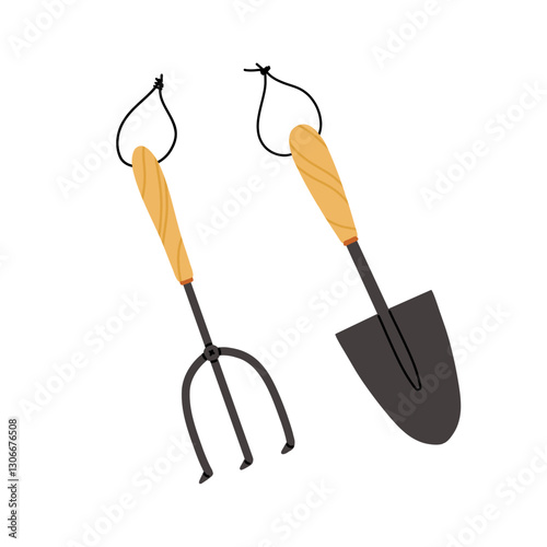Gardening equipment and tools still life vector illustration. Garden watering can, flowers, shovel, flowerpot with plant, wellies rubber boots icon set isolated on a white background
