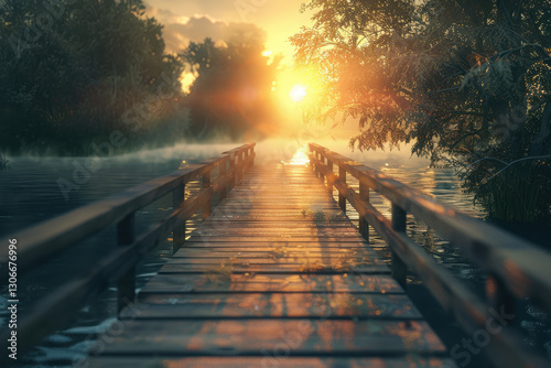A serene wooden bridge over water at sunset, surrounded by trees and mist.