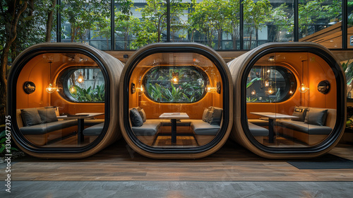 Fototapeta Naklejka Na Ścianę i Meble -  Futuristic coworking space with pod like meeting rooms and lush greenery, creating modern and inviting atmosphere. design features circular structures with warm lighting and comfortable seating