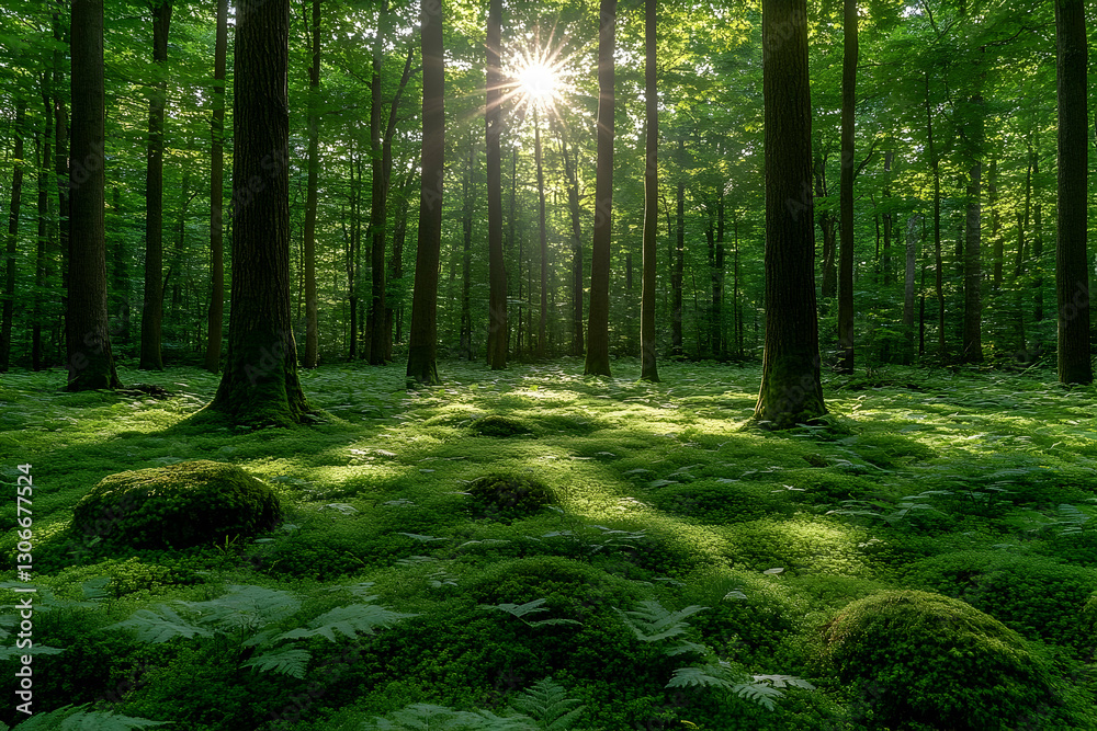 Obraz premium Sunlight Filtering Through Lush Green Forest