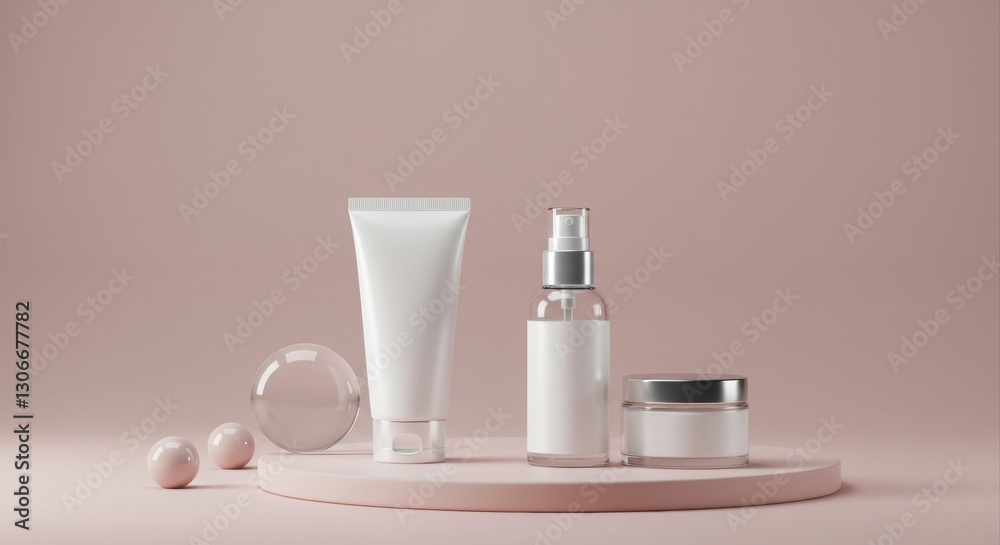 Elegant skincare display with blank containers. Elegant skincare display with blank containers.