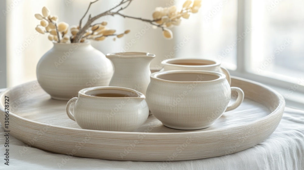 Elegant still life arrangement featuring ceramics and floral decorations Elegant still life arrangement featuring ceramics and floral decorations