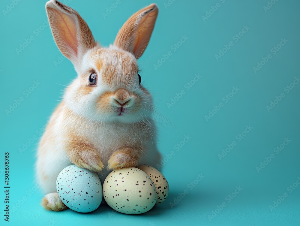 Fototapeta premium Easter holiday concept. cute baby easter bunny adorable rabbit with easter egg colorful painting on blue background.
