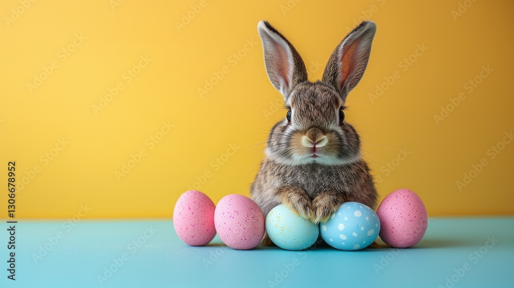 Fototapeta premium Easter bunny adorable rabbit with easter egg blue pink yellow polkadot painting on colorful background. Easter holiday concept.