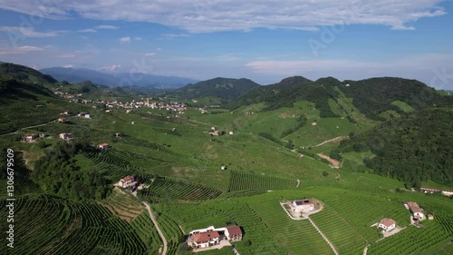 DRONE AERIAL FOOTAGE: Famous Prosecco Hills in Veneto wine region. The DOCG Cartizze Hills. The Cartizze area is located in the municipality of Valdobbiadene (Treviso, Italy).