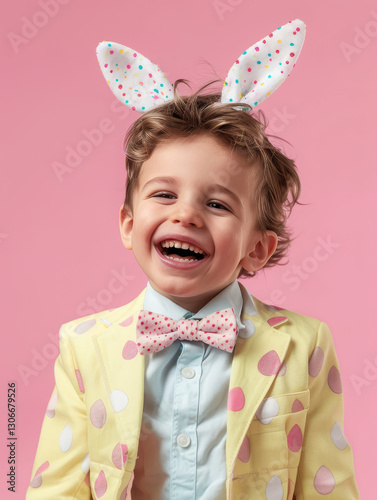 A smiling child wearing bunny ears and a colorful suit against a pink background.