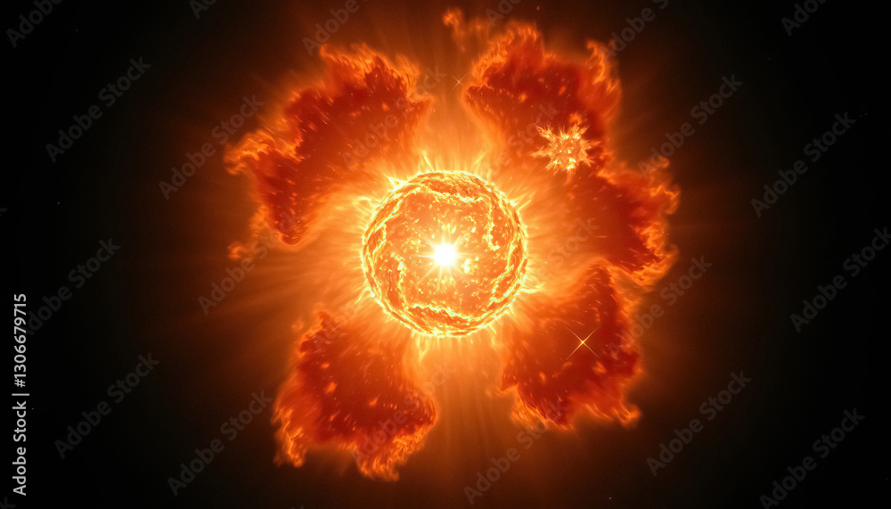 Fototapeta premium Fiery celestial body emitting intense light and heat surrounded by swirling nebula of energy and plasma