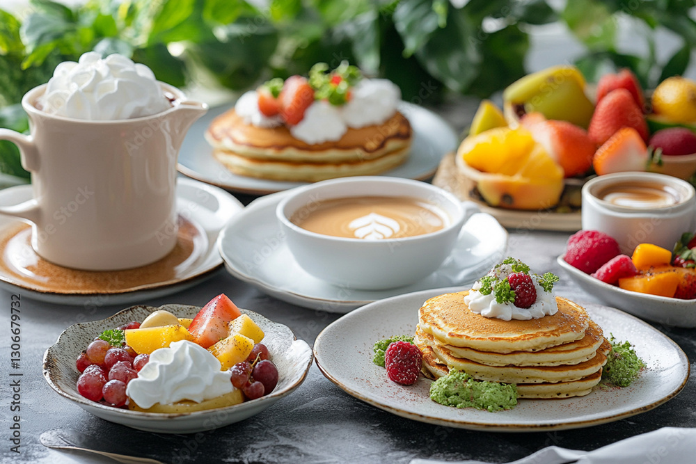 A cozy brunch setting with a variety of dishes, including pancakes, fruit, and coffee A cozy brunch setting with a variety of dishes, including pancakes, fruit, and coffee