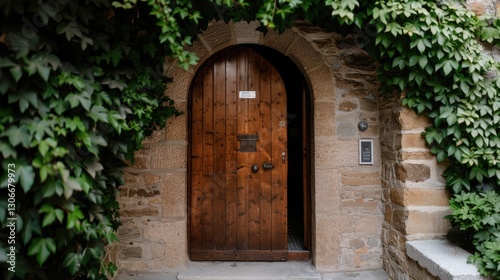 Charming wooden door surrounded by lush greenery