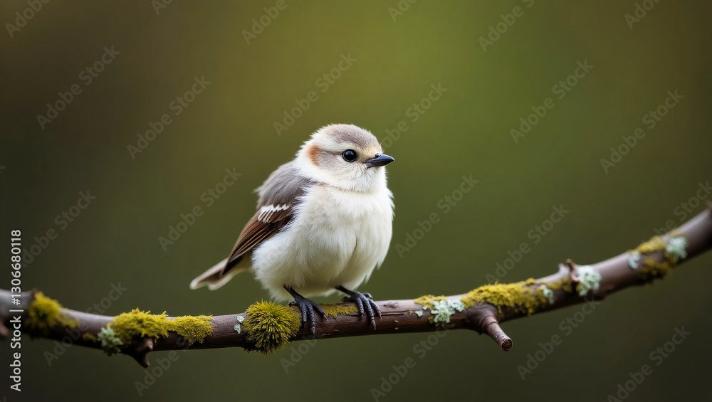 Fototapeta premium A small, cute round bird with fluffy plumage perched on a branch