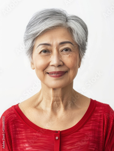 A smiling elderly woman with short gray hair wearing a red top against a plain background.