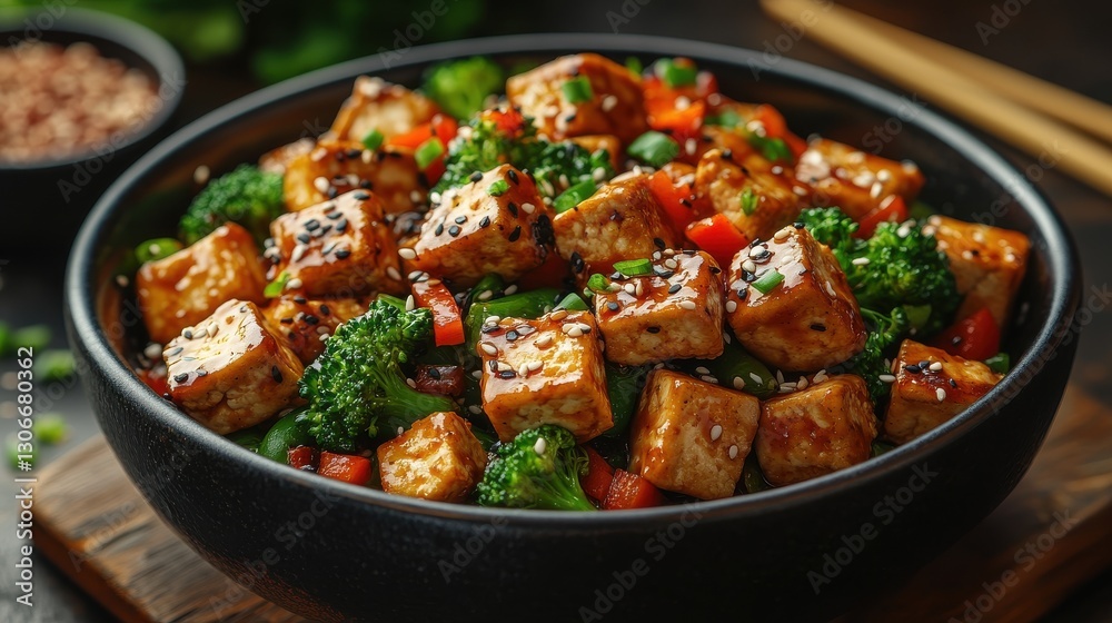 a steaming bowl of tofu stir fry featuring broccoli carrots snap peas and red peppers garnished with sesame seeds and served with chopsticks vibrant mix highlights healthy and flavorful cuisine a steaming bowl of tofu stir fry featuring broccoli carrots snap peas and red peppers garnished with sesame seeds and served with chopsticks vibrant mix highlights healthy and flavorful cuisine