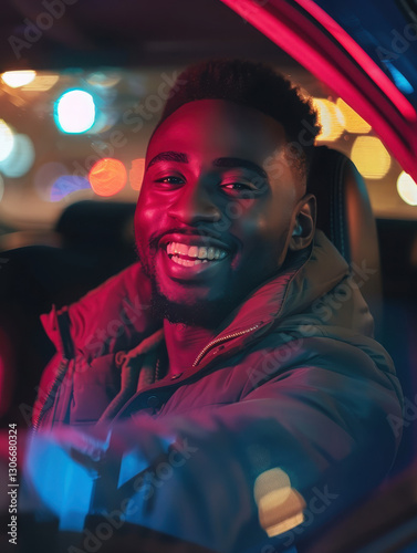 A smiling man in a car at night, illuminated by colorful lights.