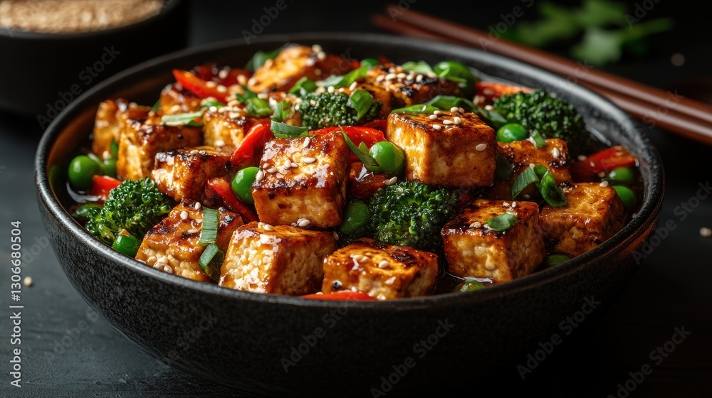a steaming bowl of tofu stir fry featuring broccoli carrots snap peas and red peppers garnished with sesame seeds and served with chopsticks vibrant mix highlights healthy and flavorful cuisine a steaming bowl of tofu stir fry featuring broccoli carrots snap peas and red peppers garnished with sesame seeds and served with chopsticks vibrant mix highlights healthy and flavorful cuisine