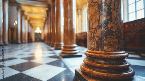 A long hall with multiple marble columns and a tiled floor