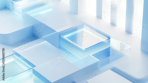 white empty room with blue windows, display space, glass acrylic material platform stage, white background, transparent science technology sense, abstract 