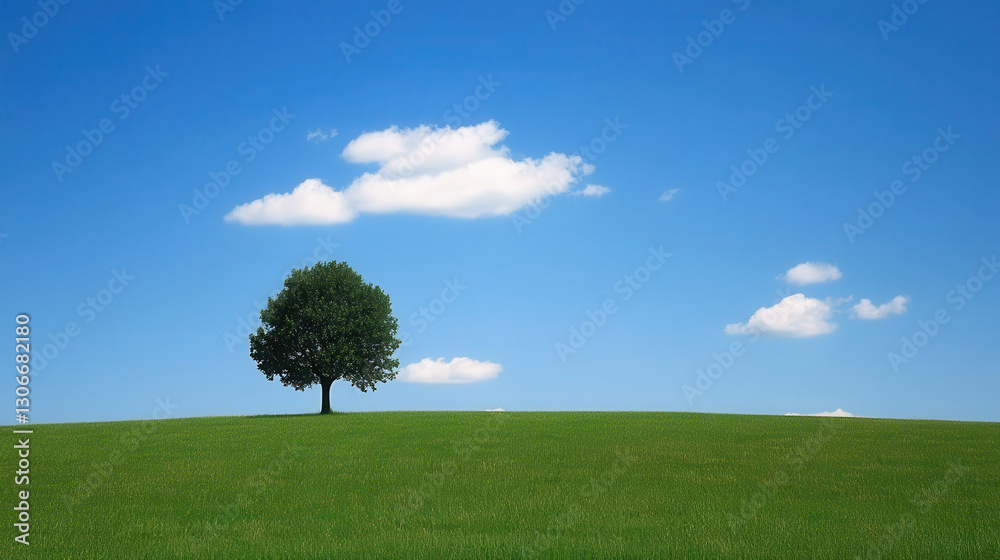 Obraz premium A solitary tree on a green hill under a clear blue sky with a few clouds.