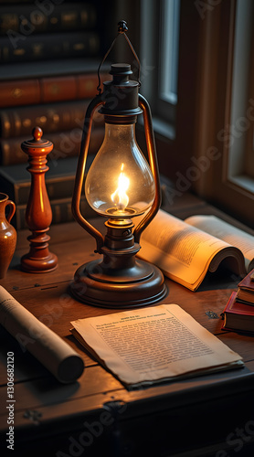 An old-fashioned oil lamp casts a warm glow on an ancient wooden desk surrounded by books and scrolls creating a cozy and inviting atmosphere