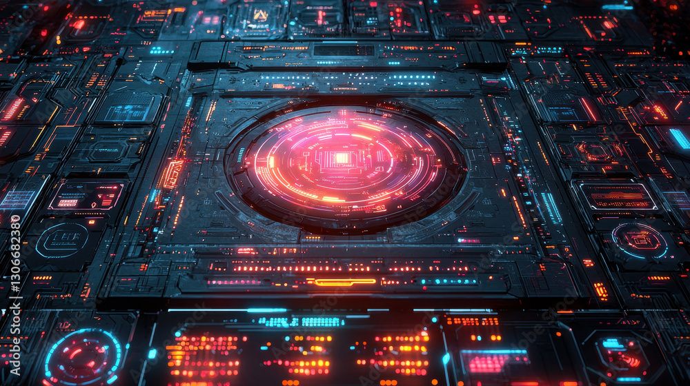 Obraz premium Futuristic technology circuit board with glowing red and blue lights, showcasing intricate digital patterns and central circular element