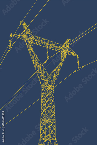 Electric pole poster blue and yellow graphics. Poster design with electricity industry - utility post illustration.