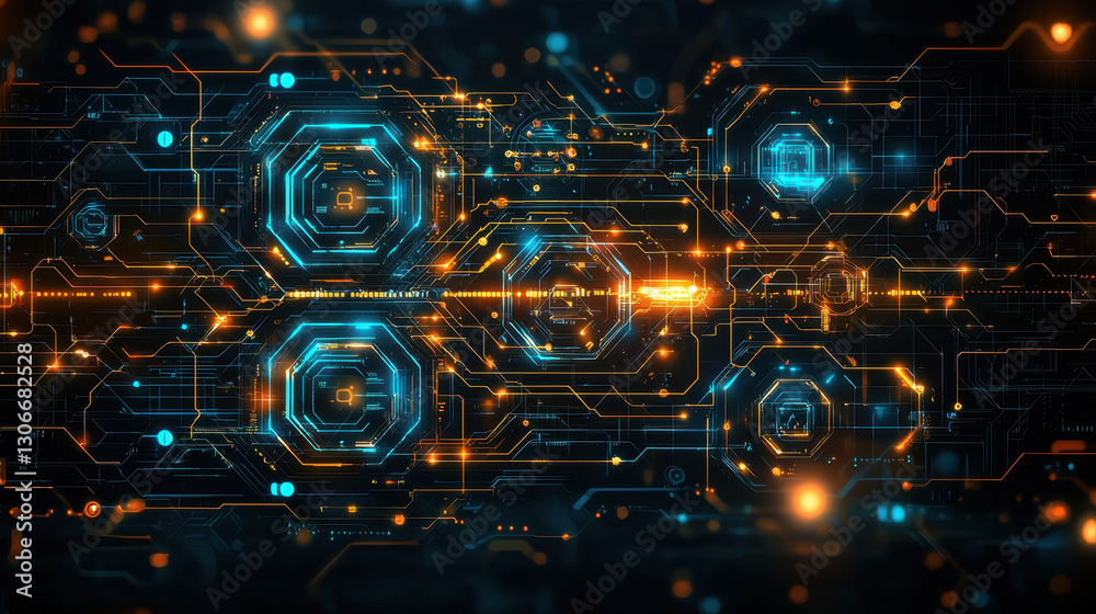 Obraz premium Futuristic technology pattern with glowing blue and orange circuit design, showcasing digital interface. intricate geometric shapes and lines create high tech, cybernetic feel