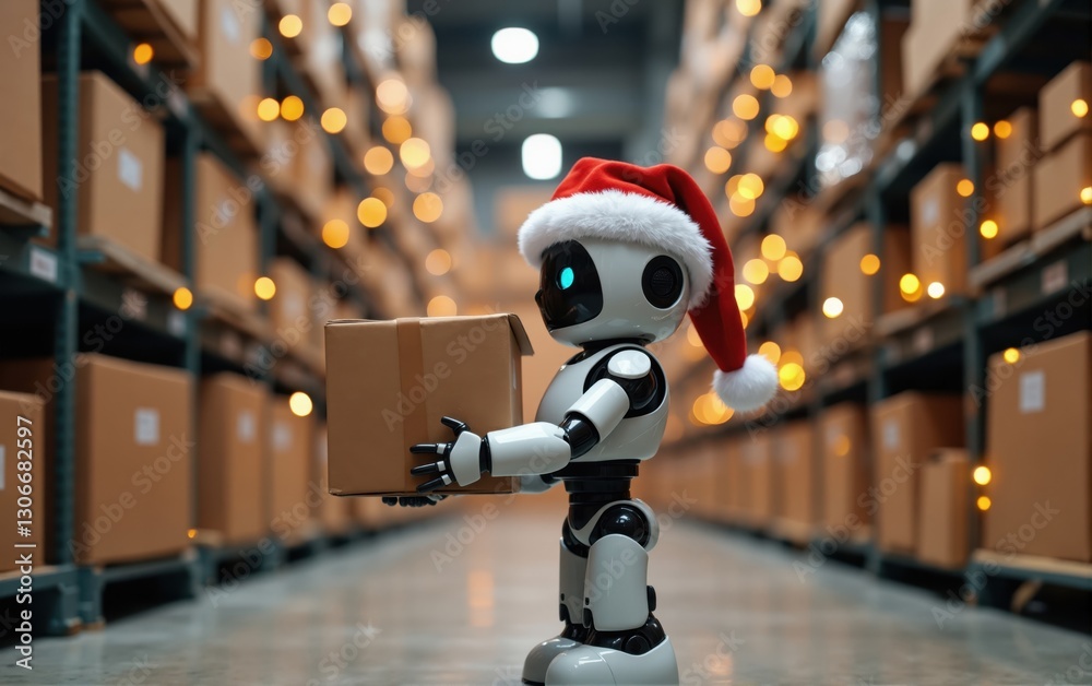 custom made wallpaper toronto digitalRobot in Santa Hat Handling Cardboard Box in Warehouse