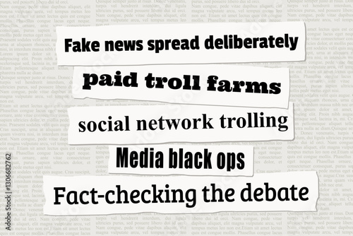 Fake news, online trolling and fact checking - modern media discourse issues. News headlines from newspapers.