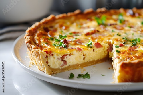 Close-up of Sliced Quiche Lorraine with Golden Crust and Creamy Filling in Kitchen