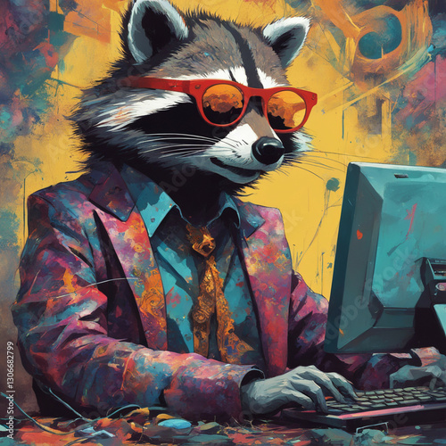 Raccoon in Red Sunglasses at Computer – vibrant business raccoon, stylish illustration