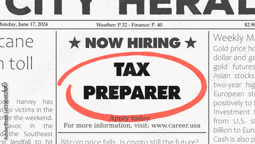 Tax preparer - job offer. Newspaper classified ad career opportunity. Hiring new employees.