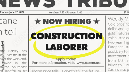 Construction laborer - job offer. Newspaper classified ad career opportunity. Hiring new employees.