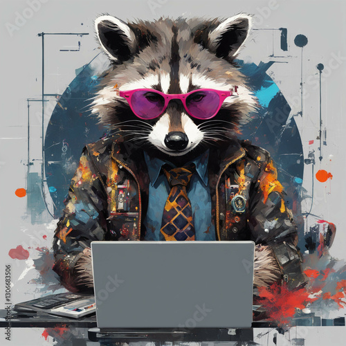 Programmer Raccoon in Pink Glasses – digital art, trendy office raccoon