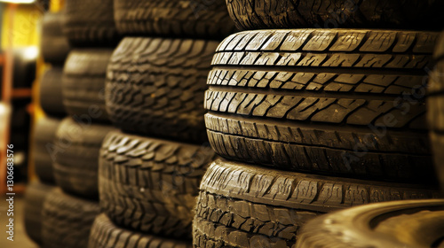 A stack of tires arranged in a workshop setting, showcasing various tread patterns.