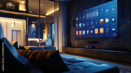 modern living room with large smart TV displaying various apps and data, creating sleek and futuristic ambiance. room is dimly lit, enhancing screen vibrant display