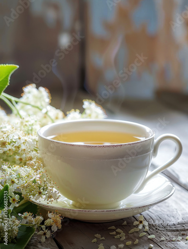 A steaming cup of tea surrounded by delicate flowers on a rustic wooden surface.